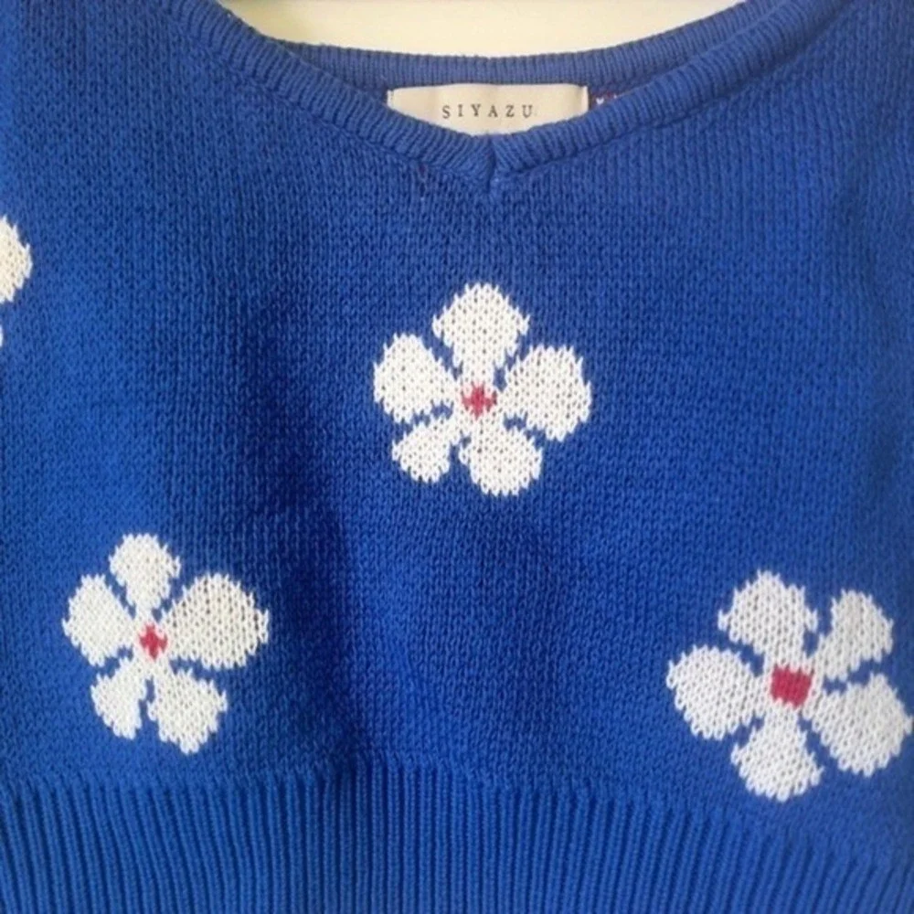 Knit Cropped Sweater Tank Cami Flowers Bright Blue‎ 90s Y2K Sz Small